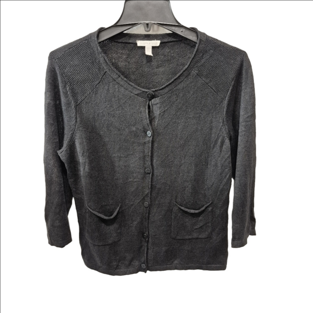 Eileen Fisher Organic Linen Black 3/4 Sleeve Black Cardigan